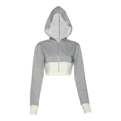 Hoodie long sleeve contrast patchwork zip-up crop top-final-sale