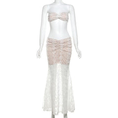 Ruched mesh tube maxi skirt set-final-sale