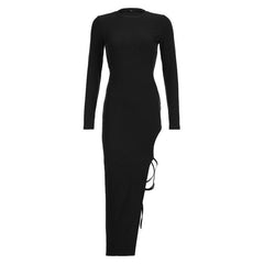 Self tie irregular long sleeve slit crewneck solid midi dress-final-sale