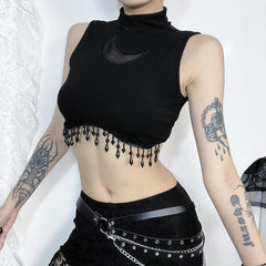 Sleeveless high neck moon pattern beaded crop top