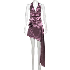 Cowl neck halter flower applique knotted mini dress