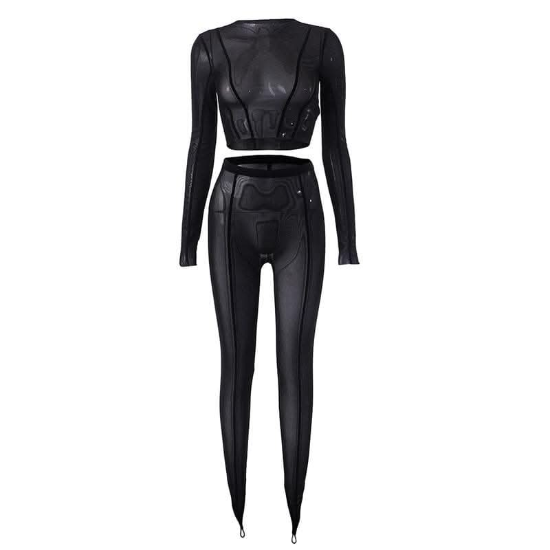 Sheer mesh see through long sleeve solid crewneck pant set-final-sale