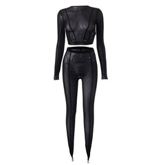 Sheer mesh see through long sleeve solid crewneck pant set-final-sale