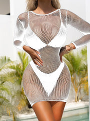 Long sleeve fishnet stitch crewneck mini dress