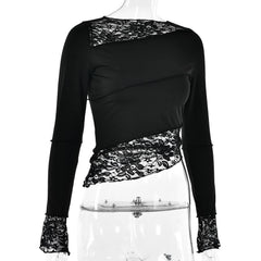 Lace patchwork irregular stitch long sleeve top-final-sale