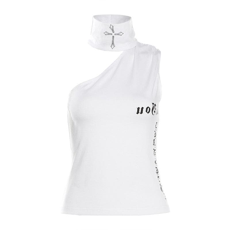 One shoulder irregular letter print sleeveless top