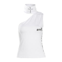 One shoulder irregular letter print sleeveless top