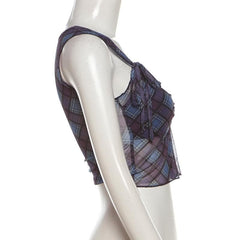 V neck plaid print bowknot crop top