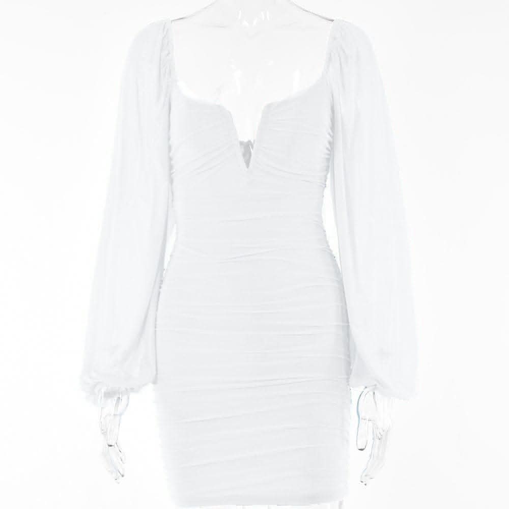 Mesh solid long sleeve ruched notch neck zip-up mini dress-final-sale