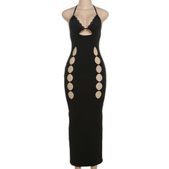 Halter v neck lace hem hollow out cut out maxi dress