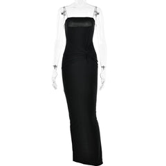 Metal chain square neck slit solid knotted maxi dress-final-sale