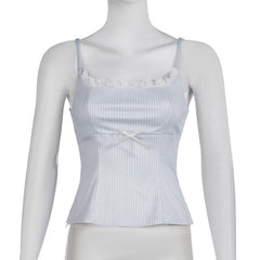 Striped print lace hem zip-up bowknot cami top