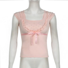 Bowknot beaded ruched u neck ruffle top