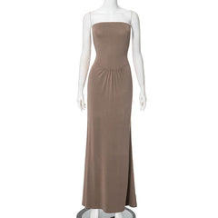 Ruched backless solid tube maxi dress