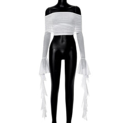 Long flared sleeve off shoulder ruffle sheer mesh backless top-final-sale
