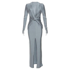 Knotted slit solid long sleeve ruched maxi dress-final-sale