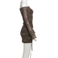 Long sleeve off shoulder ruffle ruched drawstring mini skirt set