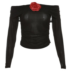 See through flower applique off shoulder ruched long sleeve top-final-sale