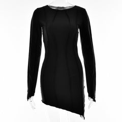 Long sleeve round neck irregular stitch mini dress-final-sale