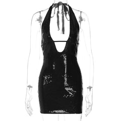Halter v neck glitter backless mini dress