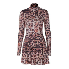 Leopard print long sleeve high neck mini dress-final-sale