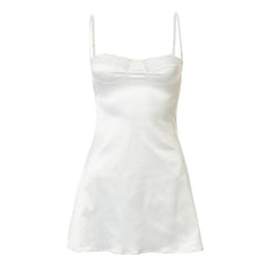 Lace hem satin ruched hollow out backless cami cut out mini dress-final-sale