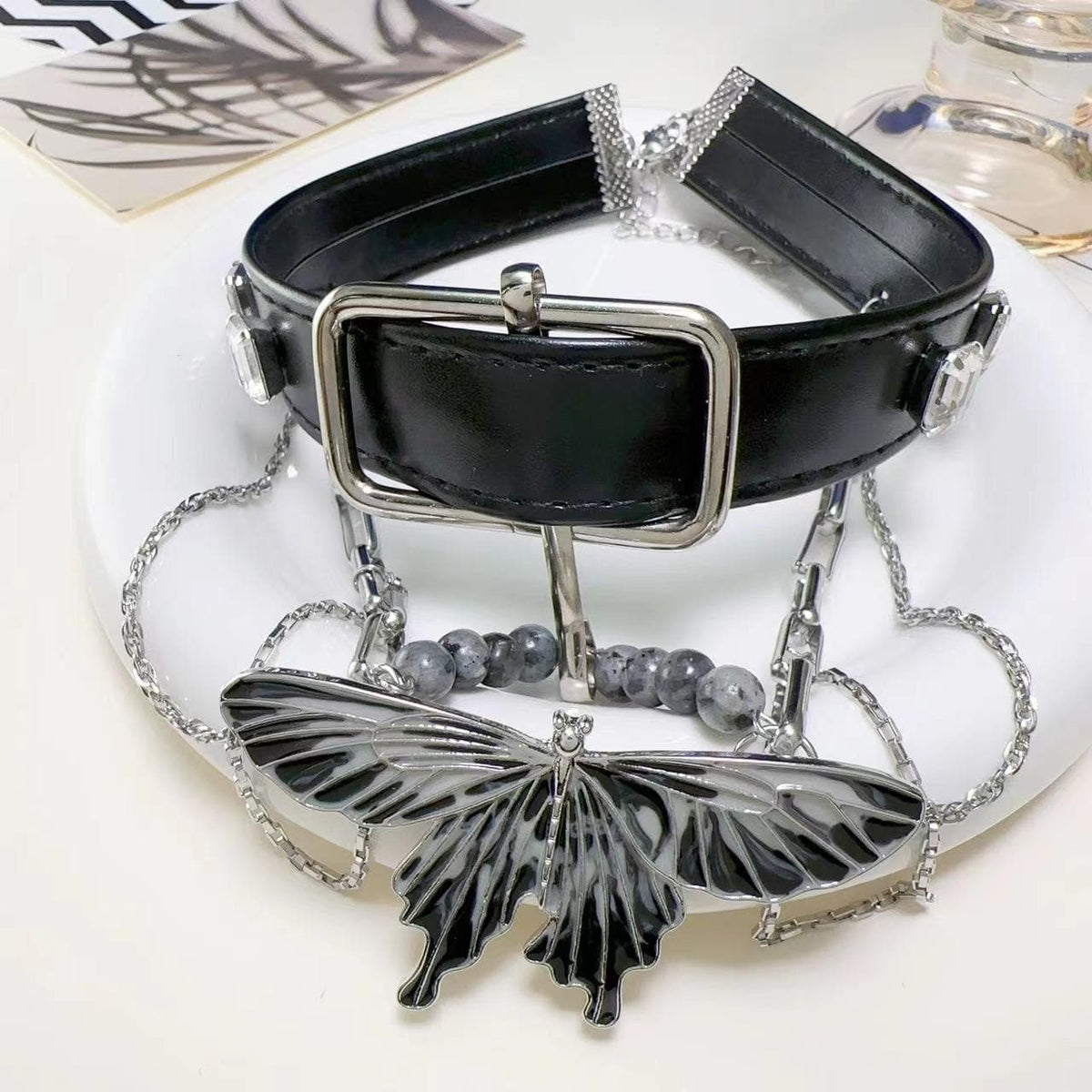 PU leather beaded adjustable layered choker necklace