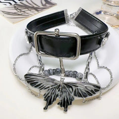 PU leather beaded adjustable layered choker necklace