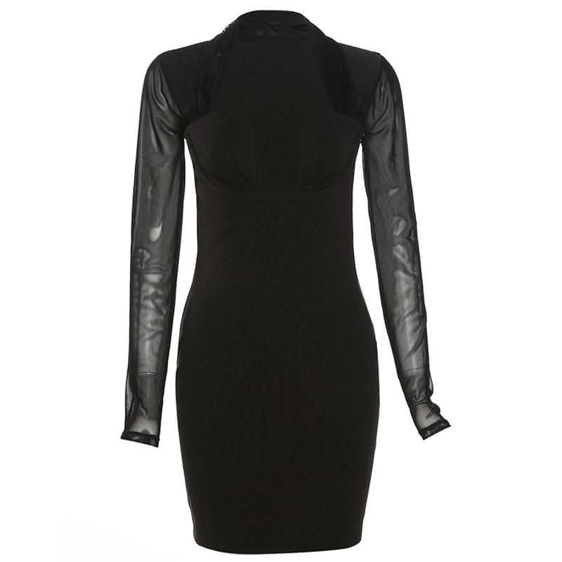 Long sleeve halter mesh patchwork solid mini dress-final-sale