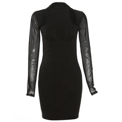 Long sleeve halter mesh patchwork solid mini dress-final-sale