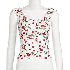 Cap sleeve u neck cherry print lace up top
