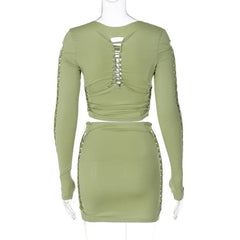 Long sleeve solid hollow out round neck ruched crop top skirt set-final-sale