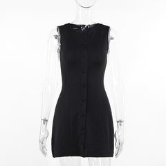 Button crewneck solid o ring tank mini dress