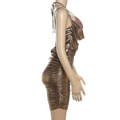 Metallic ruched glitter hollow out halter self tie cut out mini dress