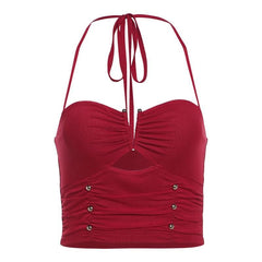 Halter ruched hollow out beaded cut out top