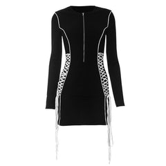 Crewneck long sleeve zip-up lace up contrast mini dress-final-sale