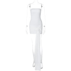 Backless ruched mesh self tie solid tube mini dress-final-sale