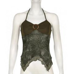 Ruched buckle print mesh ruffle cami top