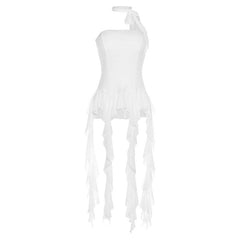 Ruffle mesh stitch self tie solid backless tube top