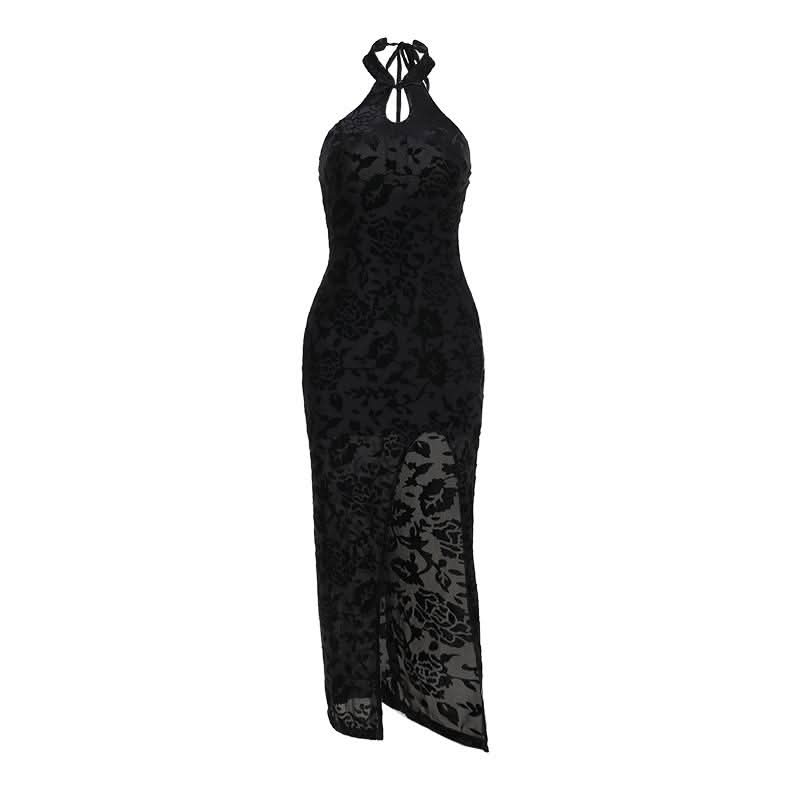 Hollow out halter self tie slit print cut out midi dress