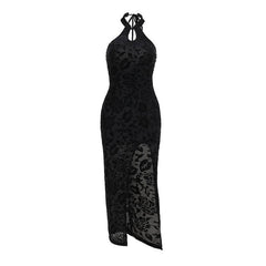 Hollow out halter self tie slit print cut out midi dress
