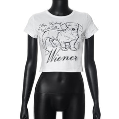 Crew neck short sleeve dog print crop top