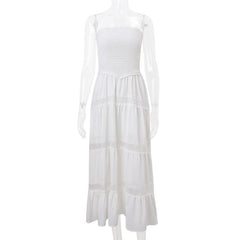 Smocked ruched lace patchwork tube midi dress