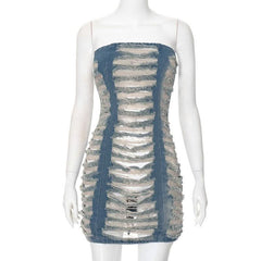 Hollow out ruched raw hem zip-up tube cut out mini dress
