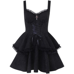 Backless lace up zip-up textured solid lace hem mini dress | victorian gothic dresses-final-sale