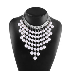 Layered faux pearl choker tassels necklace