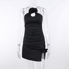 Ruched flower applique hollow out backless slit cut out mini dress