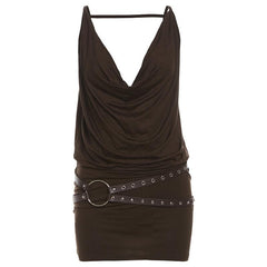 Cowl neck belt backless cami mini dress