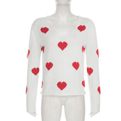 Long sleeve v neck sweetheart pattern knitted top