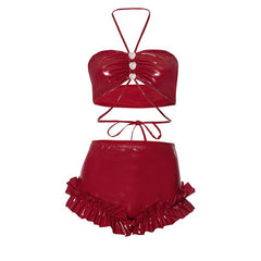 PU leather ruffled halter heart button pant set